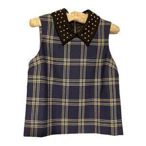 JUICY Couture Navy Blue plaid wool top with gold studded collar Size 4 Small